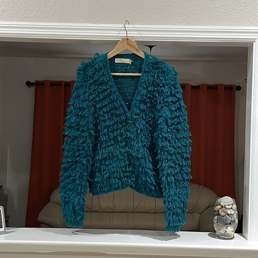 Vintage Cee Michelle Of California Fringe Teal Button Front Blazer Jacket Size S